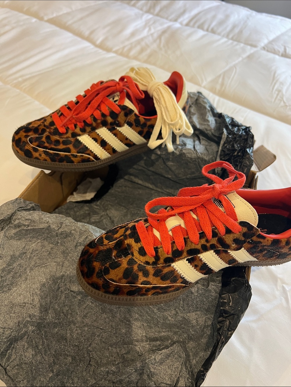 Adidas SAMBA OG Leopard Print Sneakers with Orange Laces and Cream Stripes